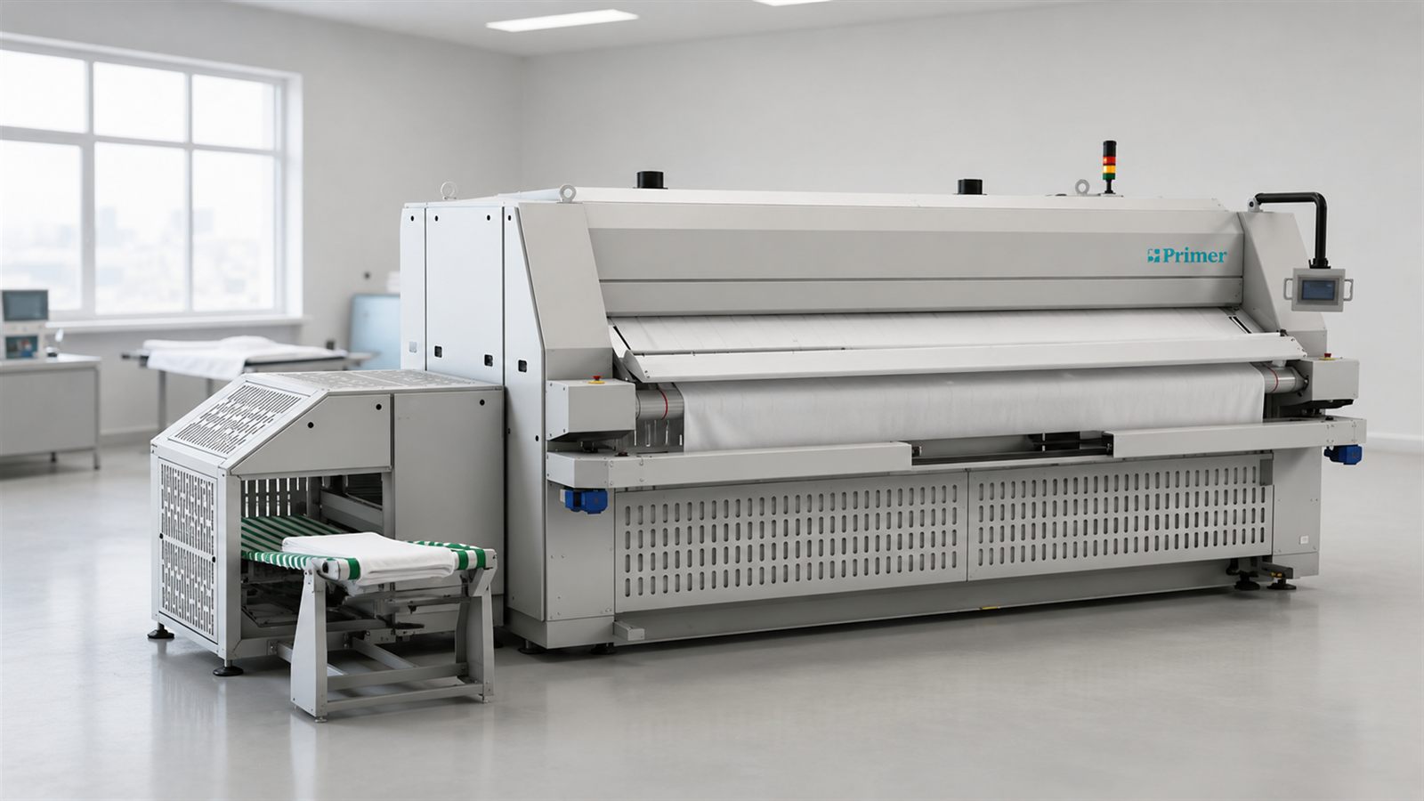 Calandra industrial de alta producción en las instalaciones de Premier Laundry