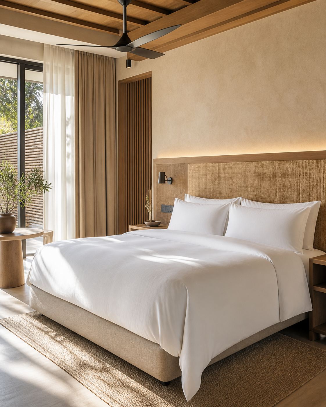 Habitación de hotel con lencería impecable