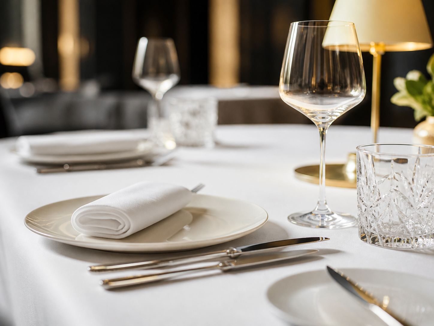 Mesa de restaurante con mantelería blanca